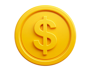 Glossy Gold Dollar Coin 3D Icon in Cartoon Plastic Style, isolated on transparent background PNG