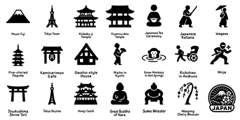 日本のランドマークフラットデザインシルエットアイコンセット、Flat Design Silhouette Icon Set of Japan’s Landmark