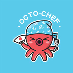 A CUTE RED OCTOPUS CHEF IS BRINGING A FAN AND SPATULA CARTOON LOGO