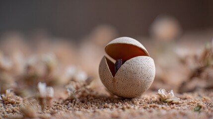 Cream-colored seed pod, split open, reveals tiny life inside, on sandy ground