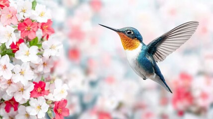 Fototapeta premium A close-up of a hummingbird hovering near vibrant flowers, wings in motion blur, bright color contrast, macro wildlife photography style 