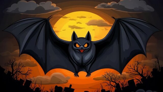 Spooky Bat Flying in the Night Sky with Full Moon and Spooky Landscape