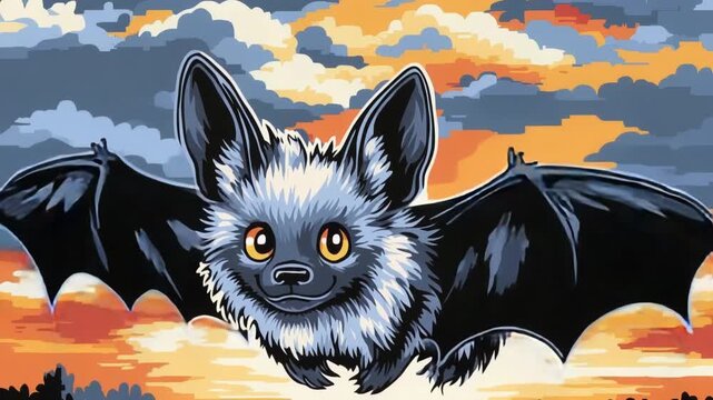 Adorable Cartoon Bat Flying in a Colorful Sunset Sky Illustration