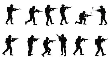 Silhouette Illustration of Soldiers in Various Combat Positions