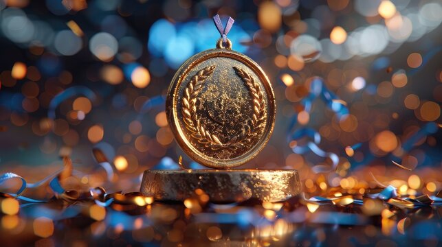 Olympic Gold Medal on Podium with Confetti in Stadium during Victory Ceremony High-Resolution Sports Achievement Photography - Powered by Adobe