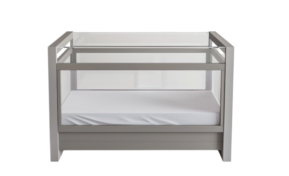 Gray crib with clear panels. Modern, contemporary design. Empty, with white bedding