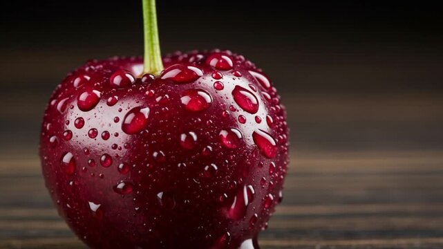 Close up of a single wet cherry with a green stem and water droplets on a dark wooden background