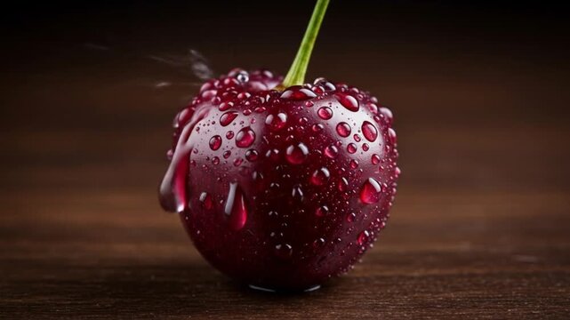 Close up of a single wet cherry with a green stem on a wooden surface with water droplets falling