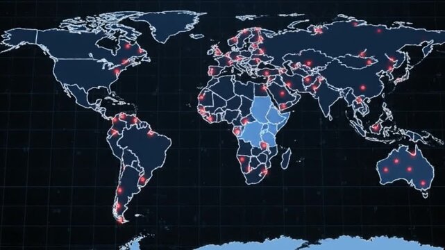 Stylized Map of the Southern Hemisphere with Pulsing Digital Connection Points