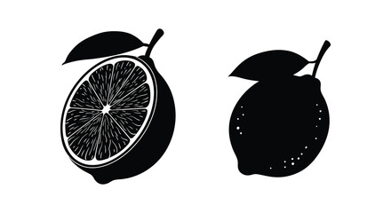 Two Black and White Silhouettes of Sliced Lemons with Leaves