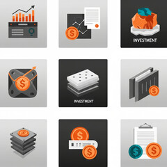 Finance / Investment Items Icon Set (Color). A Set of Color Icons Themed Around Investment and Finance with Graphs, Money, Book, House, and Piggy Bank. Investment, Finance, Business, Savings, Assets, 