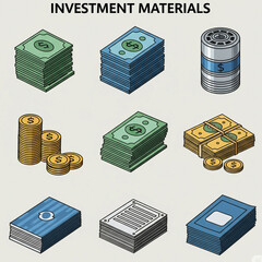 Investment-related Items Icon Set (Color). A Set of Color Icons Themed Around Investment, including Money, Documents, and Tools. Investment, Finance, Business, Economy, Data, Assets.
