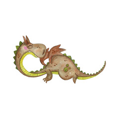 Fototapeta premium Fairytale dragon in flight, brown with a green belly. Watercolor illustration hand drawn, cartoon. Drawing for stickers, posters, cards, prints, children's books