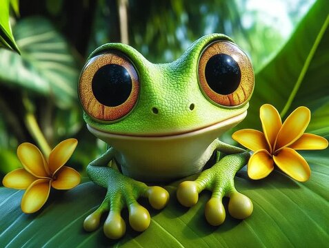 Cute Cartoon Frog with Big Eyes and Yellow Flowers in a Lush Green Setting