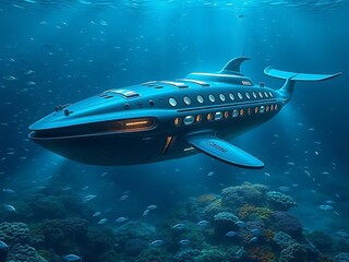 Fototapeta premium A futuristic submarine resembling a whale cruises through the ocean depths near a coral reef