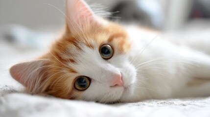 A close-up of a relaxed orange and white cat lying on a soft surface, showcasing its expressive eyes and fluffy fur.
