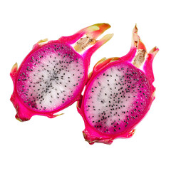 Vibrant dragon fruit halves isolated on black background showcasing pink exterior and seeded interior