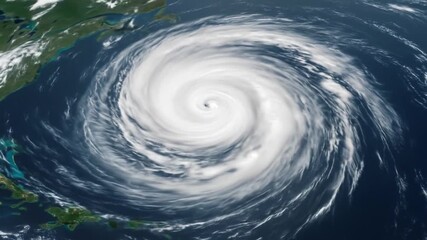 Aerial view of a large hurricane with a visible eye over the ocean and nearby land masses seen