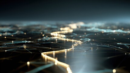 A digital representation of interconnected pathways and networks, resembling a futuristic landscape illuminated by glowing lines.