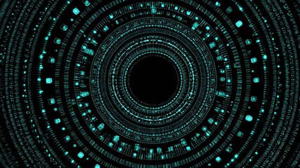 An abstract image featuring concentric circles of glowing teal data patterns against a black background, suggesting themes of technology and digital information.