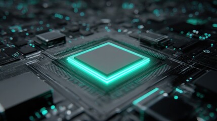 Fototapeta premium A close-up of a futuristic microchip with glowing edges, showcasing intricate circuitry and a high-tech design, emphasizing modern technology.