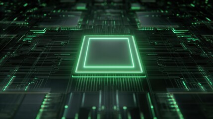 A close-up of a circuit board featuring a glowing green processor, showcasing intricate electronic pathways and modern technology.
