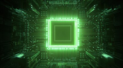 Obraz premium A futuristic microchip surrounded by glowing green circuitry, illustrating advanced technology and digital innovation.