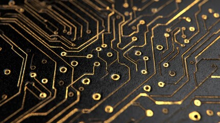 A close-up view of a gold circuit board design, showcasing intricate lines and patterns on a black background.