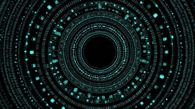 An abstract image featuring concentric circles of glowing teal data patterns against a black background, suggesting themes of technology and digital information.