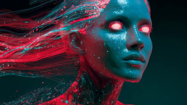 Intense futuristic android woman, powerful robot with glowing artificial intelligence and blue data