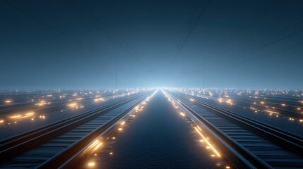 A futuristic train track illuminated by glowing lights, stretching into a foggy distance, creating an ethereal and mysterious atmosphere.