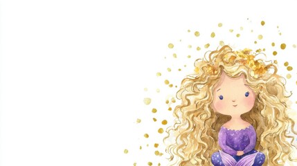 Fototapeta premium A whimsical illustration of a girl with curly hair surrounded by golden sparkles, evoking a magical and serene atmosphere.