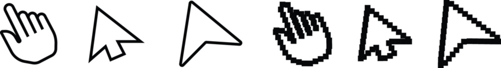 A set of hand and cursor line icons, featuring different styles of a hand with a pointing finger and a standard arrow cursor for user interface and web design.