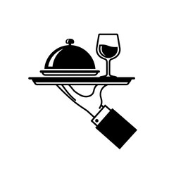 Hand holding tray with dome and wine glass on transparent background