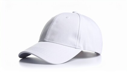 Fototapeta premium White baseball cap mockup in angled view isolated on white for branding, fashion, and merchandise