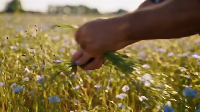 Flax Farmer Gathering Harvest in Golden Sunlight Field During Sunset