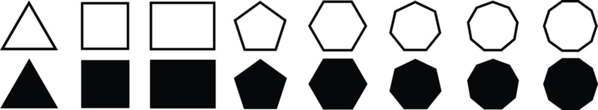 Geometric shapes and polygons, presented in both outline and solid versions, including a triangle, square, rectangle, pentagon, hexagon, heptagon, octagon, and nonagon.