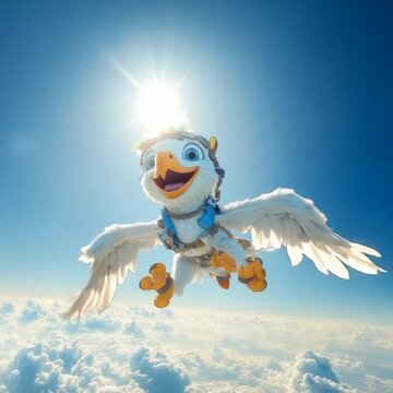 Animated Bird with Accessories Soaring Above the Clouds