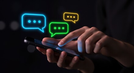 Digital Connection: A person interacts with a smartphone, the glow of digital speech bubbles illuminates the scene, the essence of communication and connection is captured.