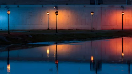 Fototapete Reflection Illuminated lampposts reflected in a still water pond at twilight.  © Reyhan