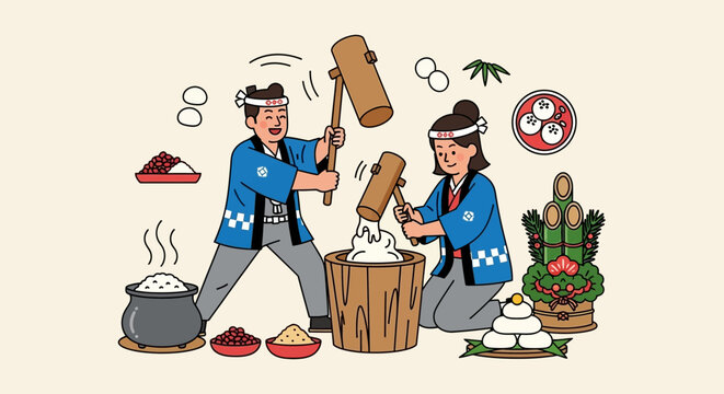 A Japanese man and woman pound rice with wooden mallets to make mochi for a traditional celebration.