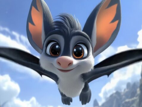 Animated bat with big eyes, flying in a blue sky
