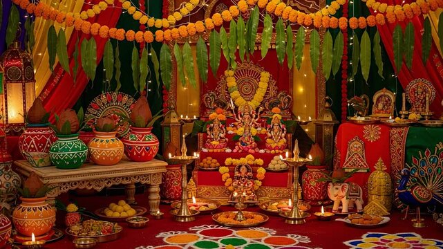 Beautifully decorated puja altar for Navratri festival. Featuring idols of Goddess Durga, kalash, diyas, and colorful rangoli. A vibrant celebration of Hindu tradition and spirituality.