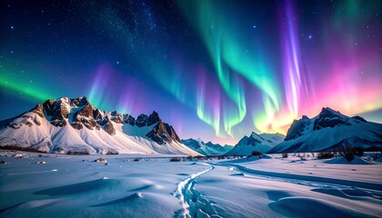 Stunning aurora borealis over a snowy landscape