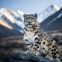 Obraz premium Snow leopard perched on a rock with mountains in the background looking directly at the viewer calmly