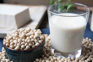 Close-up of fresh soy milk, raw soybeans, and tofu block—ideal for promoting plant-based diets, organic living, and clean eating