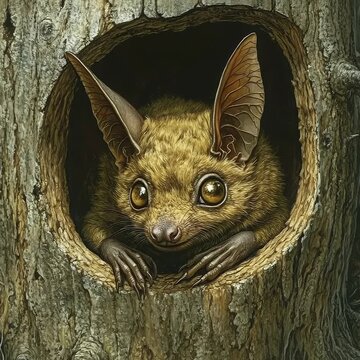 Curious Bat Peering Out of a Tree Hollow, Nature Wildlife Portrait