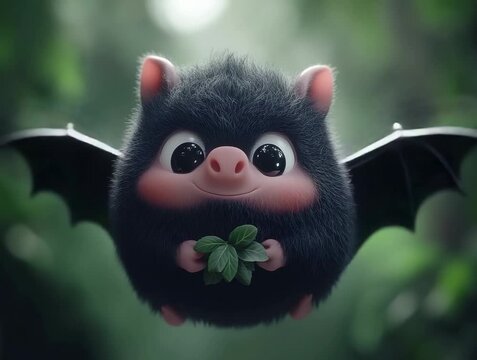 Animated Creature with Wings Holding Leaves in a Forest Setting