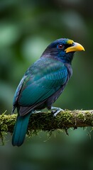 Obraz premium A colorful bird with a yellow beak perched on a mossy branch in a lush green forest setting outdoors