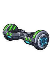 Naklejka premium Cartoon illustration of a gray hoverboard with green and blue accents, isolated on a white background.